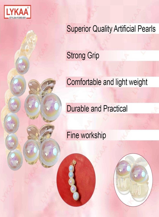 LYKAA Pearl Korean Banana Hair Clip with Two Pearl Clutchers, Ponytail Holder Hair Clip French Barrettes Teeth Inside Slide Jaw Clips For wedding fancy clips for Women and Girls- 3 Pcs - Image 3