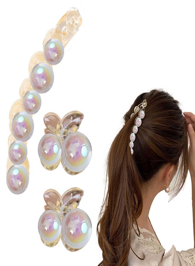 LYKAA Pearl Korean Banana Hair Clip with Two Pearl Clutchers, Ponytail Holder Hair Clip French Barrettes Teeth Inside Slide Jaw Clips For wedding fancy clips for Women and Girls- 3 Pcs - Image 1