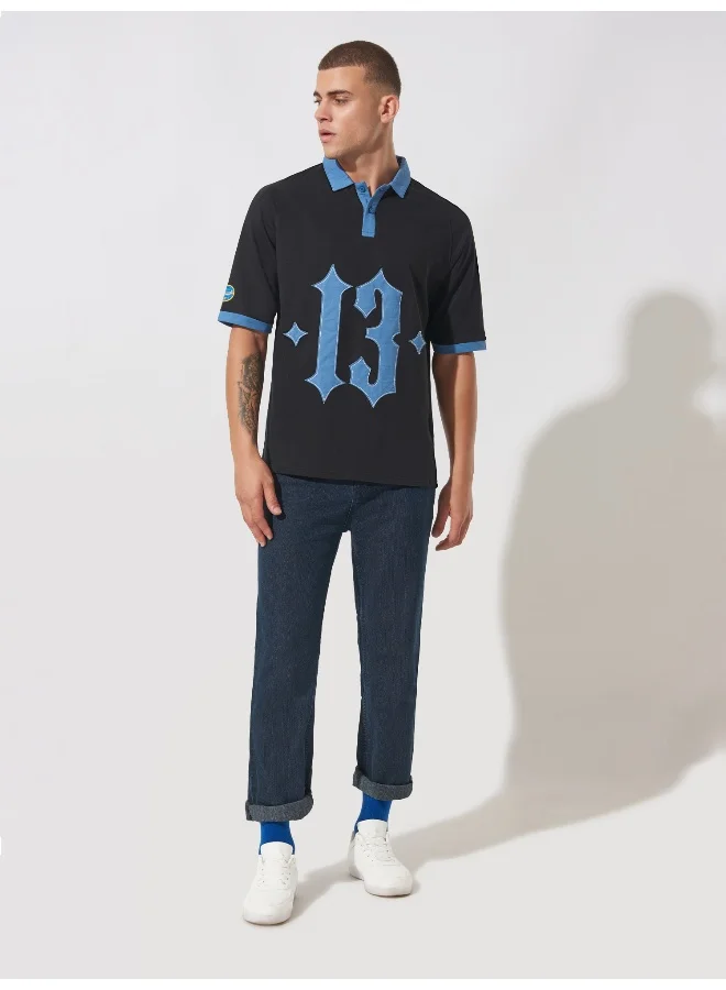 Maniac Mens Printed Polo Neck Raglan 3/4th Sleeve Black and Blue Cotton Oversized T-Shirt
