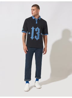 Maniac Mens Printed Polo Neck Raglan 3/4th Sleeve Black and Blue Cotton Oversized T-Shirt  - Image 5