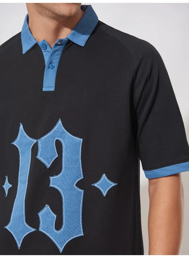Maniac Mens Printed Polo Neck Raglan 3/4th Sleeve Black and Blue Cotton Oversized T-Shirt