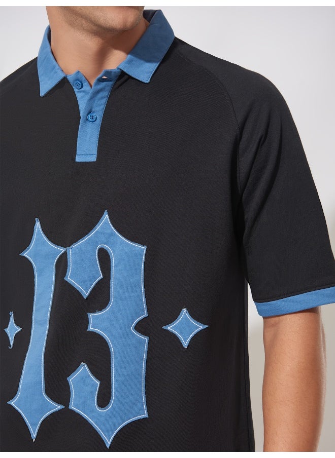 Maniac Mens Printed Polo Neck Raglan 3/4th Sleeve Black and Blue Cotton Oversized T-Shirt  - Image 4
