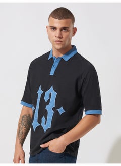 Maniac Mens Printed Polo Neck Raglan 3/4th Sleeve Black and Blue Cotton Oversized T-Shirt  - Image 2