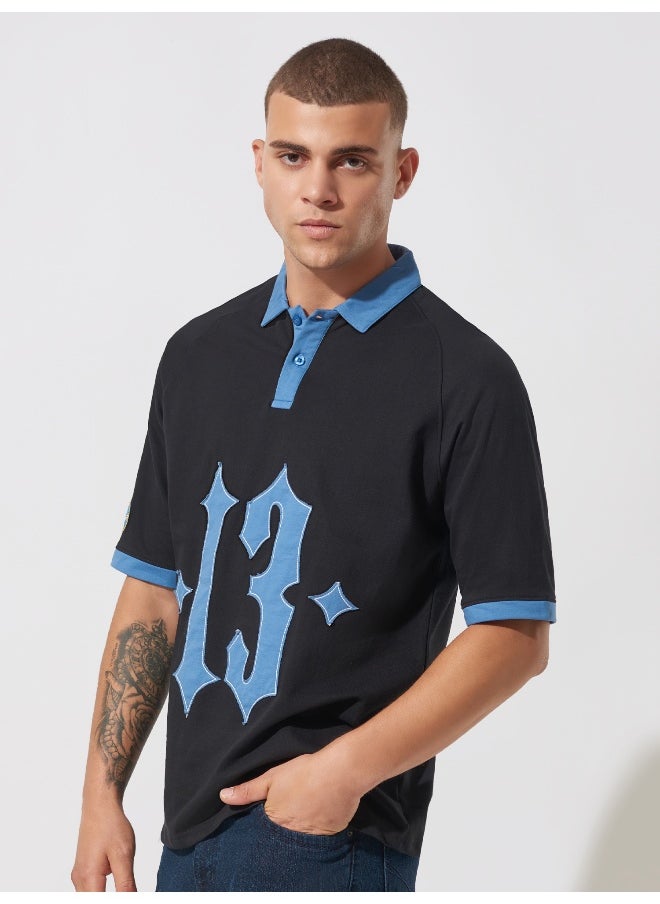 Maniac Mens Printed Polo Neck Raglan 3/4th Sleeve Black and Blue Cotton Oversized T-Shirt  - Image 2