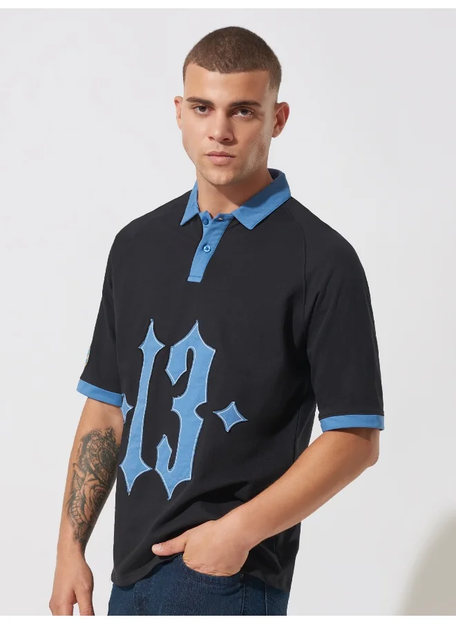 مانياك Mens Printed Polo Neck Raglan 3/4th Sleeve Black and Blue Cotton Oversized T-Shirt