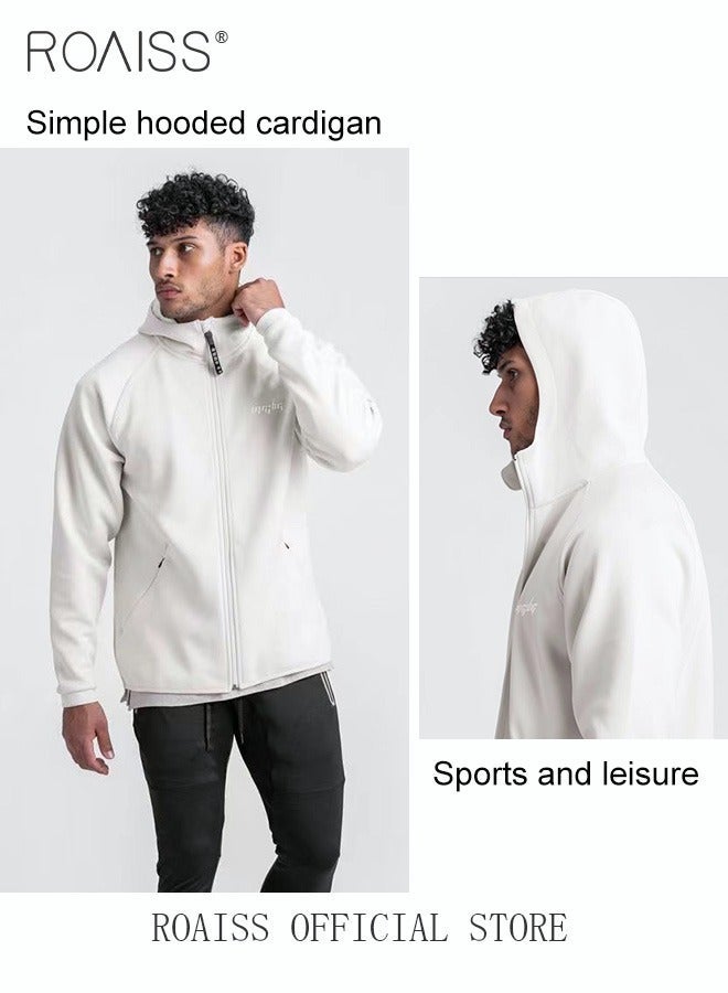 رويس سترة رجالي بغطاء للرأس وسحاب مع جيوب ملابس خريف وشتاء للرجال ملابس رياضية ملابس خارجية سترة فضفاضة مقاس كبير معطف كارديجان بلون سادة أبيض - Image 2