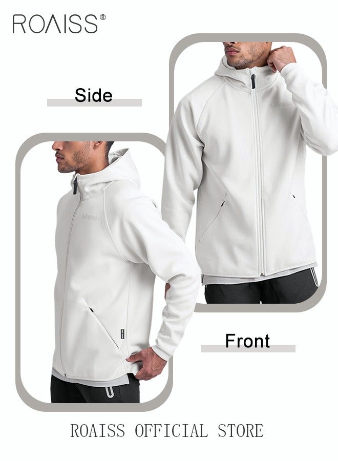 roaiss Men's Zipper Up Hooded Sweatshirt with Pockets Fall Winter Clothing for Men Sports Activewear Outerwear Loose Jacket Plus Size Solid Color Cardigan Coat White  - Image 3
