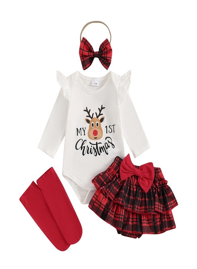 Ayalinggo My First Christmas Baby Girl Outfit Newborn Santa Baby Romper Plaid Skirt Headband Infant Fall Winter Xmas Clothes (White, 6-9 Months) - Image 1