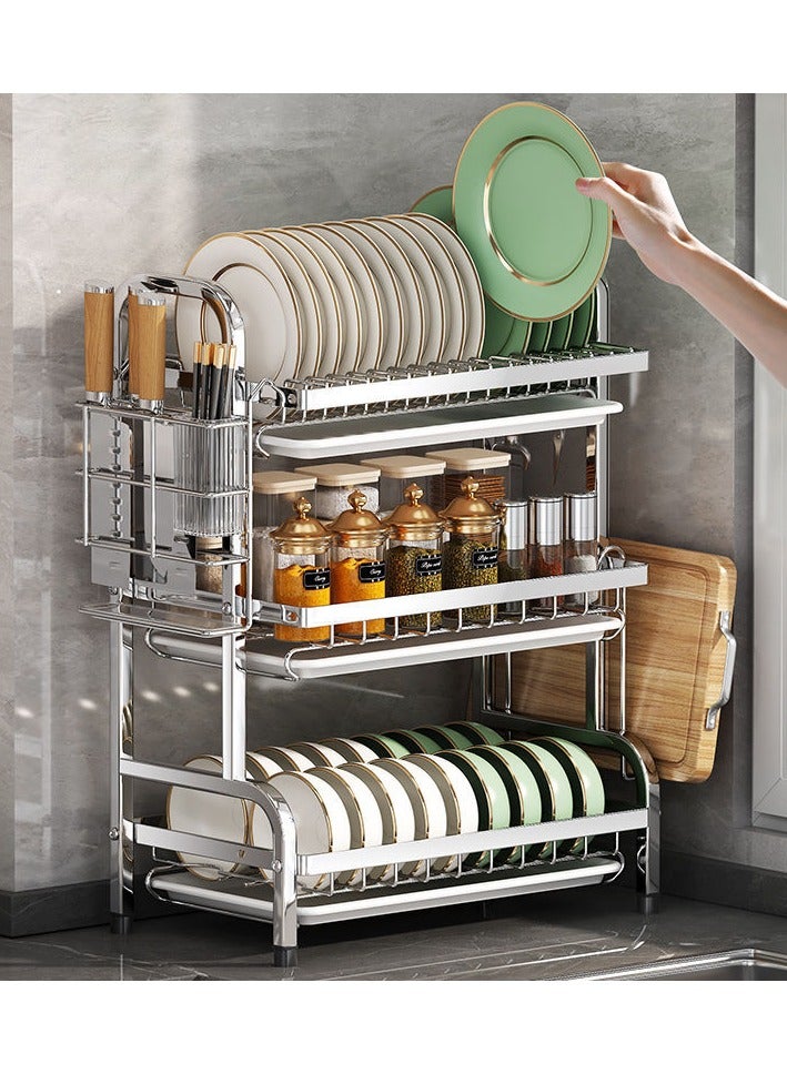 CityRiya-Long Dish Drying Rack, Dish Rack for Kitchen Counter, Stainless Steel Large Dish Rack with Drainboard and Utensil Holder, 3 Tier Rustproof Dish Drainer, Kitchen Organizers Storage Rack, Dish Drying Rack for Plates, Bowls - Image 1
