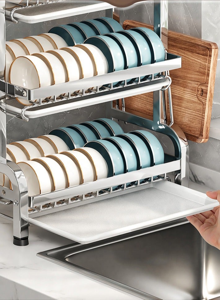 CityRiya-Long Dish Drying Rack, Dish Rack for Kitchen Counter, Stainless Steel Large Dish Rack with Drainboard and Utensil Holder, 3 Tier Rustproof Dish Drainer, Kitchen Organizers Storage Rack, Dish Drying Rack for Plates, Bowls - Image 3
