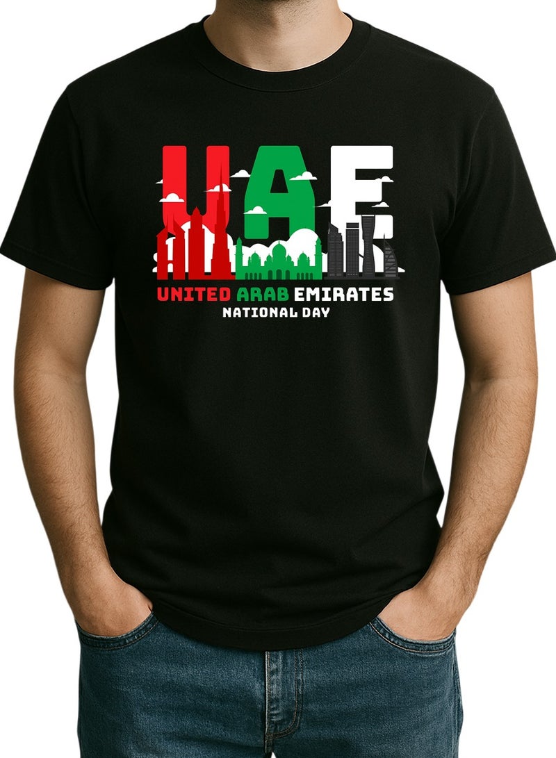 UAE National Day Skyline T-Shirt – Bold Flag Colors on Black  United Arab Emirates Pride Tee - Image 1
