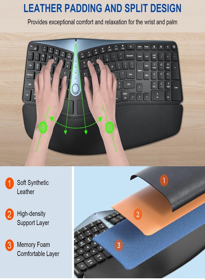 EDJO Ergonomic Wireless Keyboard and Mouse, MK835 Ergo Bluetooth/2.4G Split Design Keyboard Mouse Combo with Cushioned Palm Rest, Multi-Device, Wave Keys, Rechargeable, for Windows/Mac/Android - Image 2