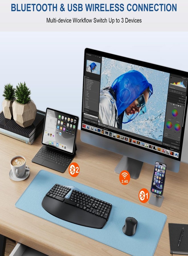 EDJO Ergonomic Wireless Keyboard and Mouse, MK835 Ergo Bluetooth/2.4G Split Design Keyboard Mouse Combo with Cushioned Palm Rest, Multi-Device, Wave Keys, Rechargeable, for Windows/Mac/Android - Image 3