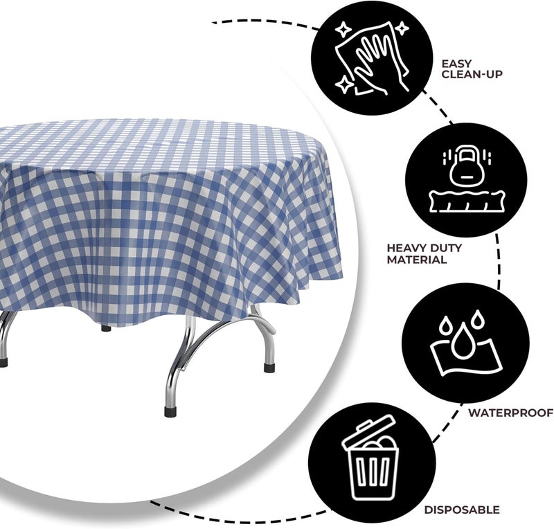 Exquisite Picnic Table Cover - 6 Pack Premium Round Plastic Tablecloth - Dark Blue & White Checkered BBQ Table Cover - Gingham Checkered Disposable Plastic Tablecloth 84 inch. Round - Image 4