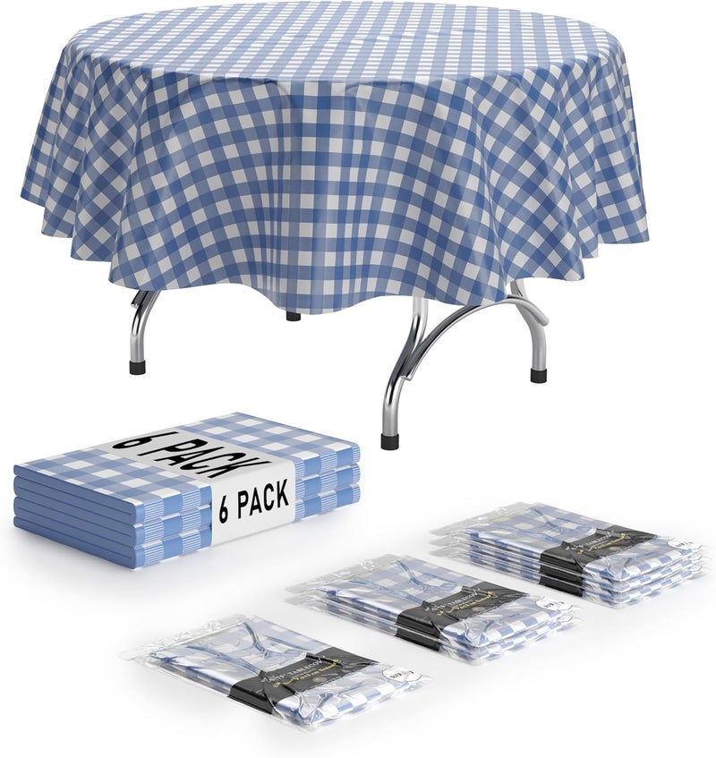 Exquisite Picnic Table Cover - 6 Pack Premium Round Plastic Tablecloth - Dark Blue & White Checkered BBQ Table Cover - Gingham Checkered Disposable Plastic Tablecloth 84 inch. Round - Image 1