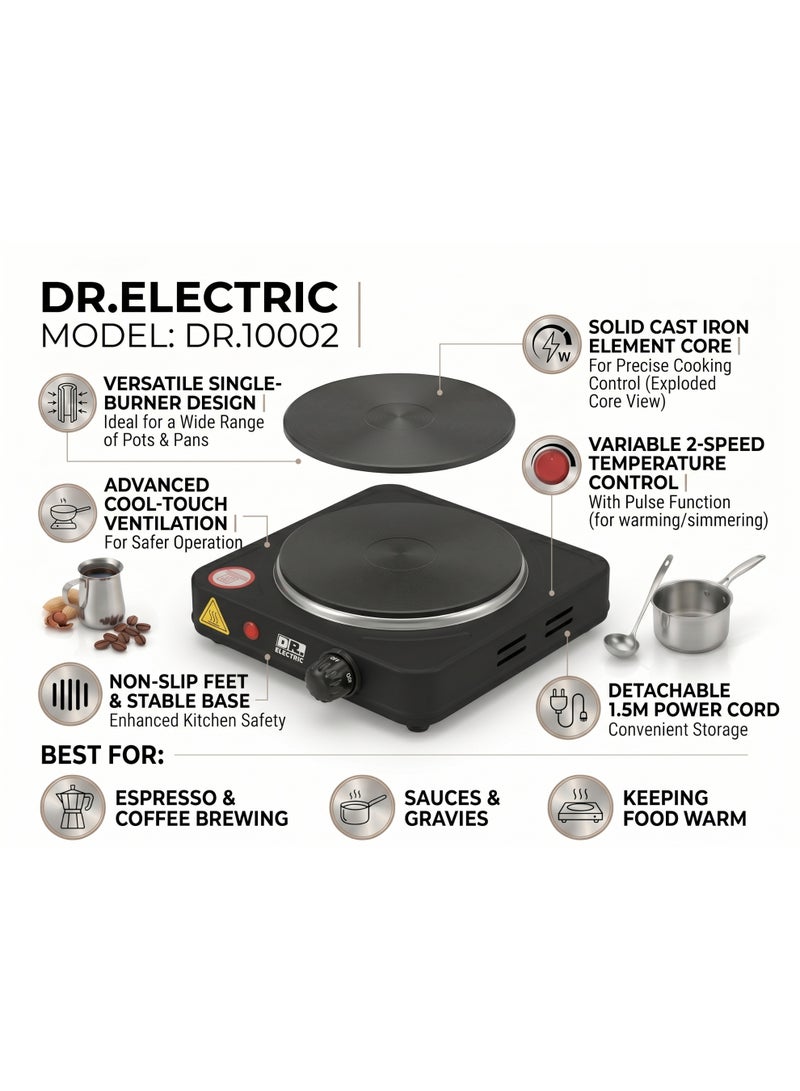 DR.ELECTRIC Single electric stove, 1000 Watt, 155 mm heating surface, black, model DR.10002 - Image 2