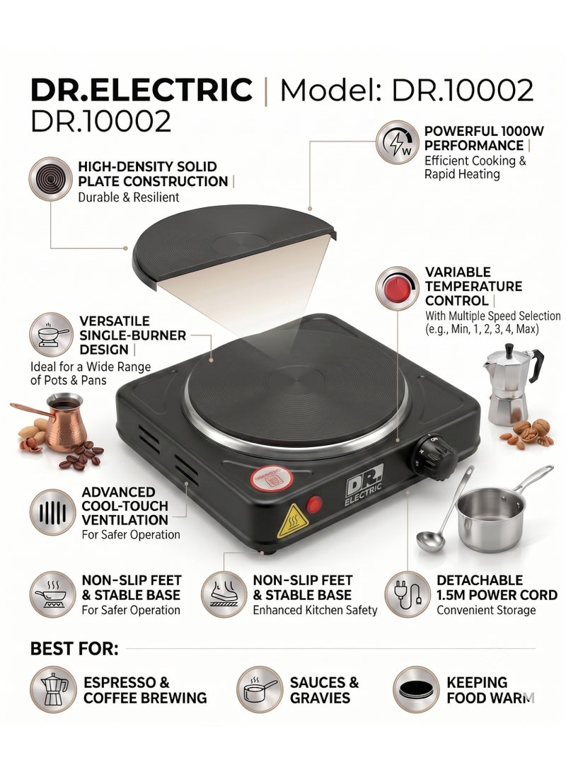 DR.ELECTRIC Single electric stove, 1000 Watt, 155 mm heating surface, black, model DR.10002 - Image 1