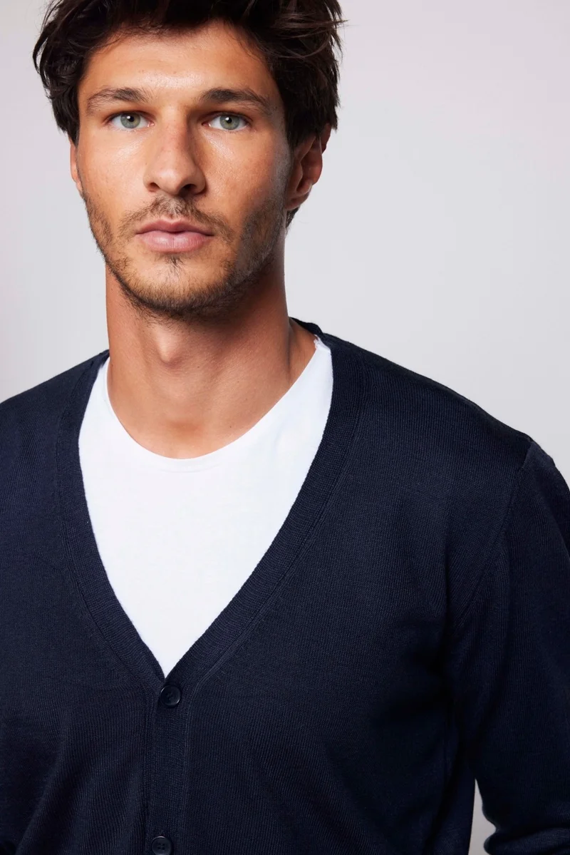 Tudors Men's Slim Fit, Narrow Cut Buttoned Plain, Pilling-Free, Soft Textured Navy Blue Cardigan
