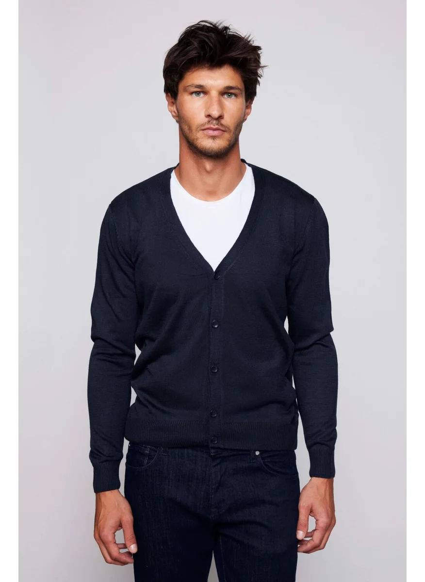 Tudors Men's Slim Fit, Narrow Cut Buttoned Plain, Pilling-Free, Soft Textured Navy Blue Cardigan
