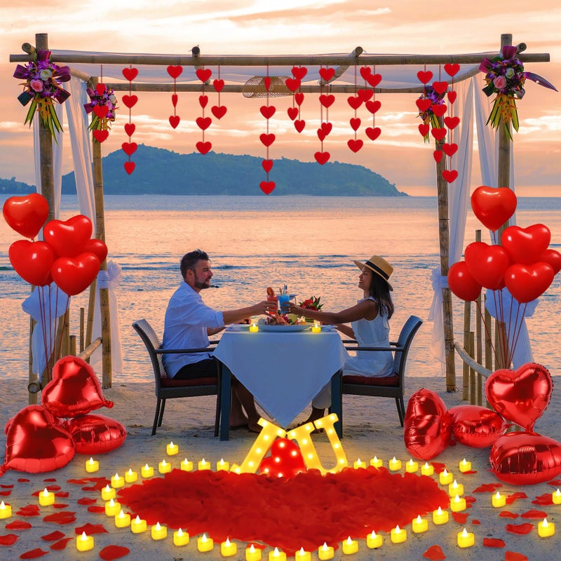 MUDEREK Happy Anniversary Valentines Day Decorations, Romantic Special Night Decor, Rose Petals & Candles Set, I Love You Signs & Balloons, Felt Heart Strings & Foil Balloons - Image 2