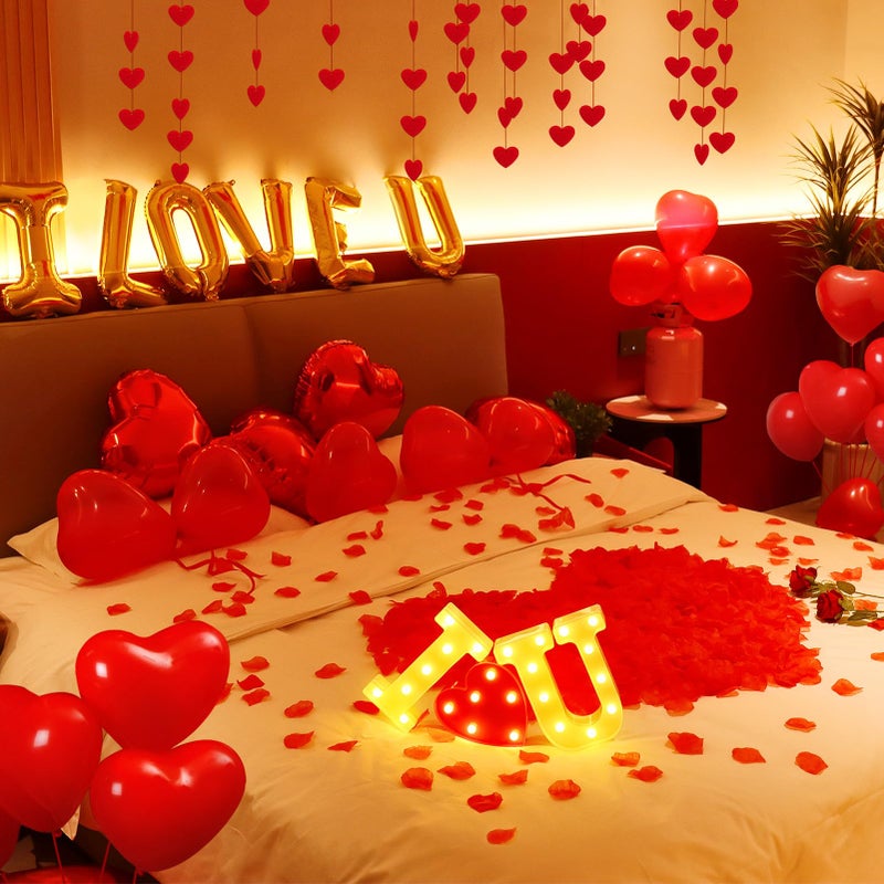 MUDEREK Happy Anniversary Valentines Day Decorations, Romantic Special Night Decor, Rose Petals & Candles Set, I Love You Signs & Balloons, Felt Heart Strings & Foil Balloons - Image 5