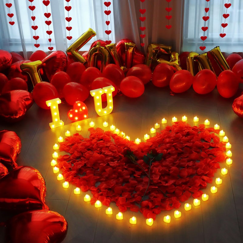 MUDEREK Happy Anniversary Valentines Day Decorations, Romantic Special Night Decor, Rose Petals & Candles Set, I Love You Signs & Balloons, Felt Heart Strings & Foil Balloons - Image 3