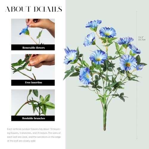 Uqueeten Artificial Plants Outdoor Morning Glory Artificial Flowers Plastic Flowers for Decoration,UV Resistant Look Real Fake Flowers Faux Outdoor Plants Front Door Decor Outdoor 13.3In(Blue) 4PCS - Image 2
