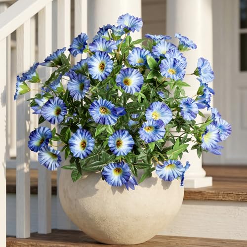 Uqueeten Artificial Plants Outdoor Morning Glory Artificial Flowers Plastic Flowers for Decoration,UV Resistant Look Real Fake Flowers Faux Outdoor Plants Front Door Decor Outdoor 13.3In(Blue) 4PCS - Image 1