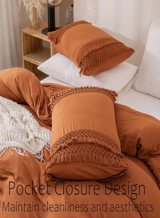 MOVE OVER Burnt Orange Pillowcases, Macrame Tassel Pillow Cases Set of 2, 100% Washed Microfiber, Caramel Decor Tassel Boho Pillow Cover, 2 Pack (King, Rust Tassel) - Image 2