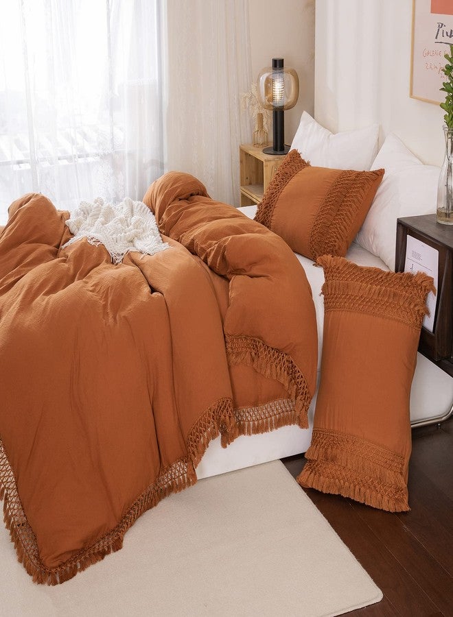 MOVE OVER Burnt Orange Pillowcases, Macrame Tassel Pillow Cases Set of 2, 100% Washed Microfiber, Caramel Decor Tassel Boho Pillow Cover, 2 Pack (King, Rust Tassel) - Image 4