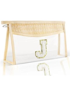 Boho Straw Clear Makeup Bag Small Initial Cosmetic Bags Personalized Chenille Letter Patch Beach Bag Zipper Makeup Organizer Pouch Travel Essentials Waterproof Toiletry Bag for Women Girls J