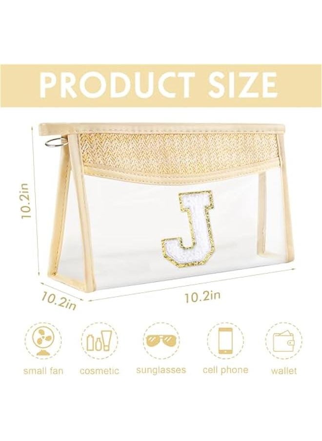 Generic - Boho Straw Clear Makeup Bag Small Initial Cosmetic Bags Personalized Chenille Letter Patch Beach Bag Zipper Makeup Organizer Pouch Travel Essentials Waterproof Toiletry Bag for Women Girls J - Image 1