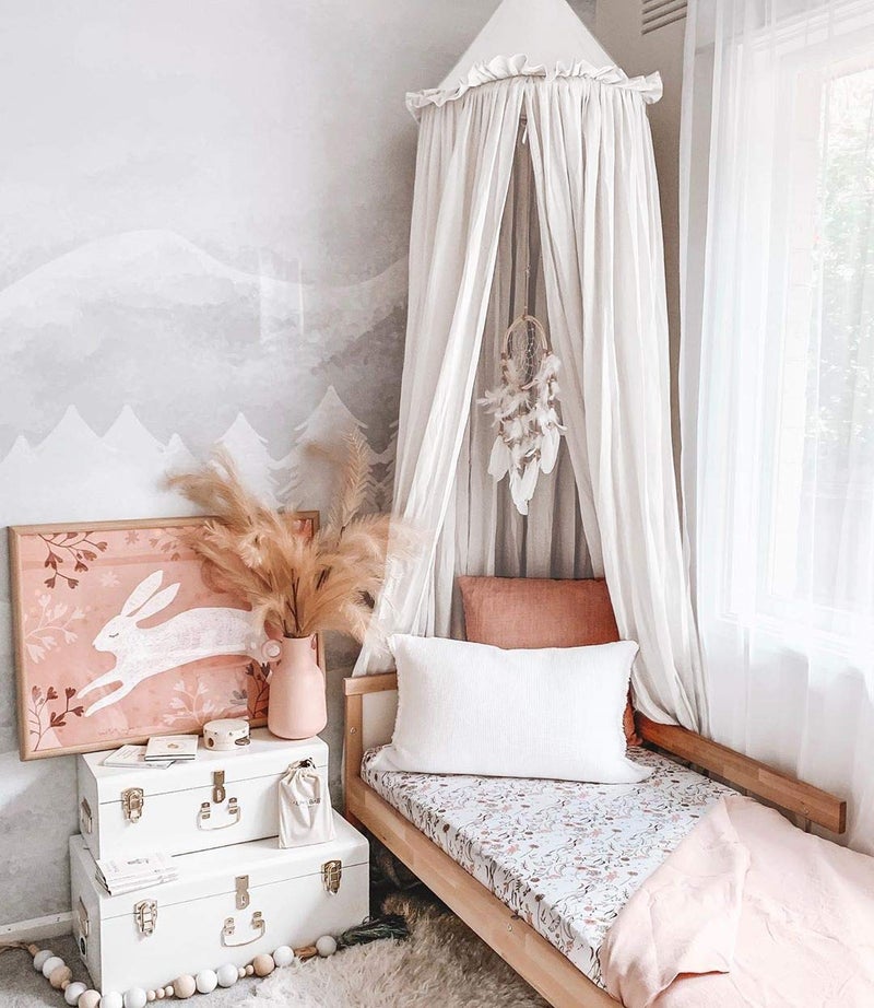 YIUOR Kids Bed Canopy with Frills Cotton Cover Net for Crib Reading Nook Curtain Hideaway Hanging Round Tent Nursery Bedding Play Room Decor