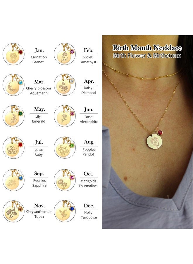 CERSLIMO Birthday Gifts for Her Birth Flower Necklaces, 18K Gold Plated Dainty Birth Month Floral Birthstone Disc Coin Pendant Necklaces | Women Wildflower Jewelry Gifts for Valentines Anniversary - Image 3