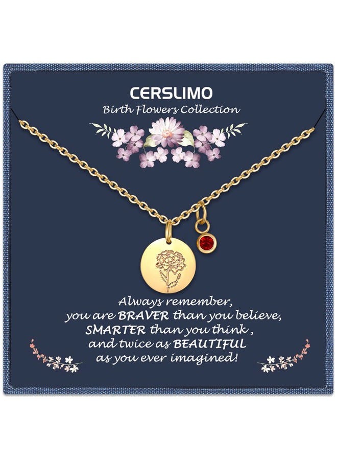 CERSLIMO Birthday Gifts for Her Birth Flower Necklaces, 18K Gold Plated Dainty Birth Month Floral Birthstone Disc Coin Pendant Necklaces | Women Wildflower Jewelry Gifts for Valentines Anniversary - Image 1