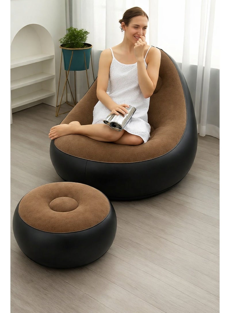 Inflatable Sofa Chair with Ottoman – Comfortable Air Lounge Chair with Footrest | Portable Flocking PVC Recliner Seat for Indoor, Outdoor, Camping & Relaxation - Image 1