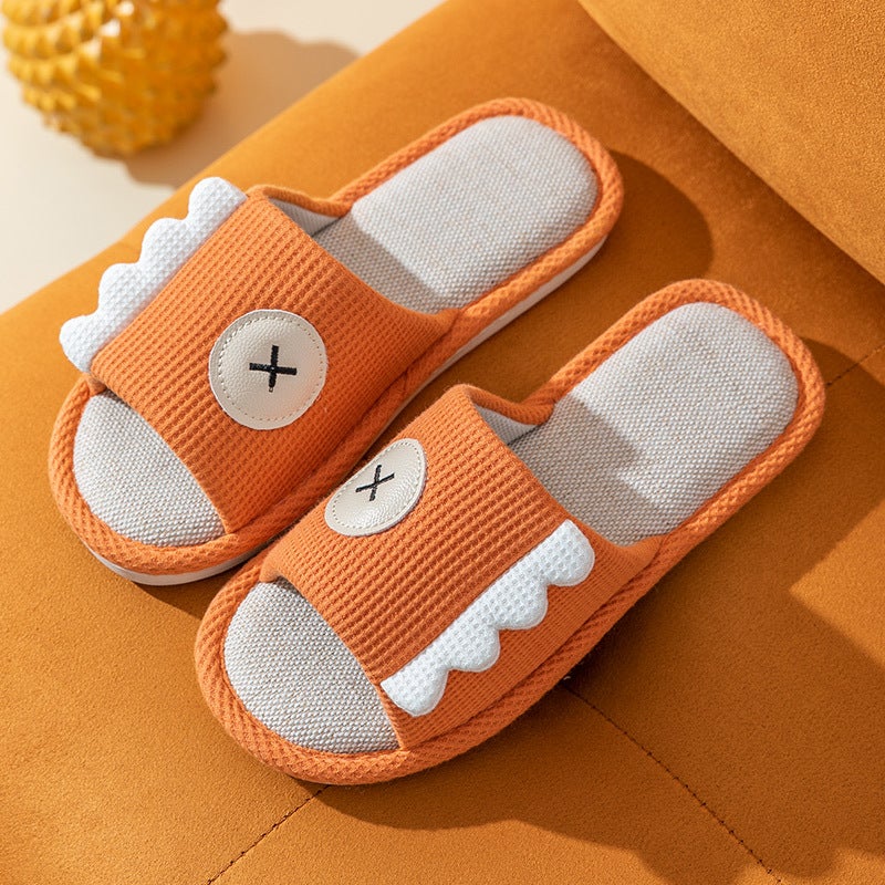 Household Home Non-Slip Soft Bottom Four Seasons Linen Slippers Mens Home Indoor Cotton and Linen Cloth Slippers Womens Summer Outer Wear Orange (dinosaur)