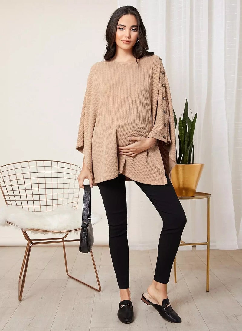 Maternity Button Detail Rib-knit Cape Coat - Image 3