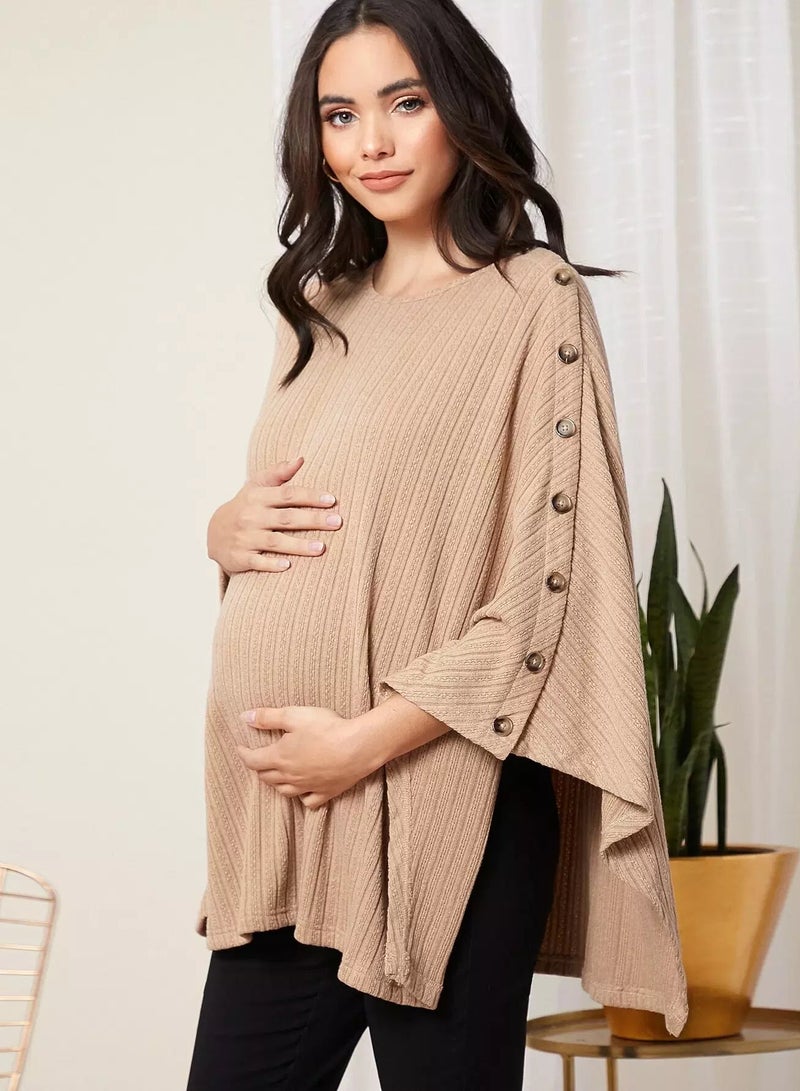 Maternity Button Detail Rib-knit Cape Coat - Image 1