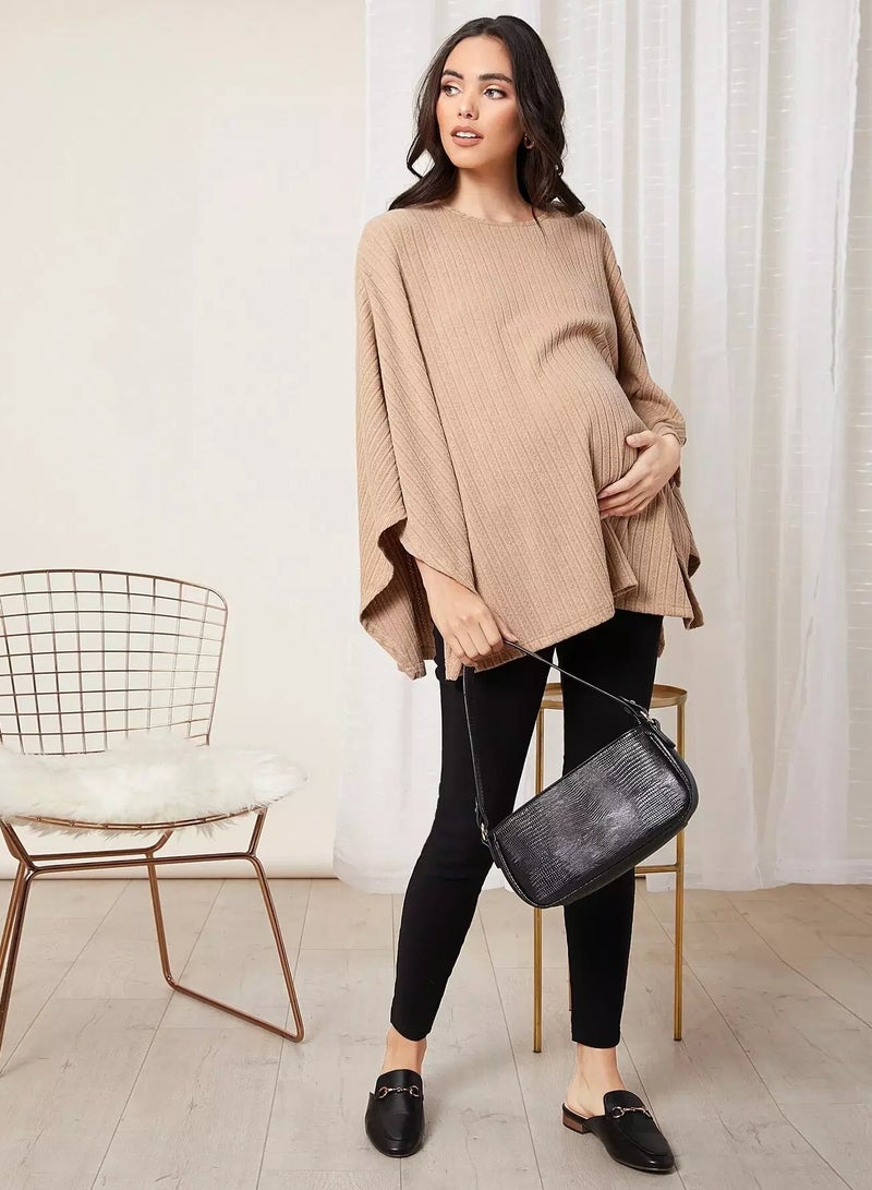 Maternity Button Detail Rib-knit Cape Coat - Image 4