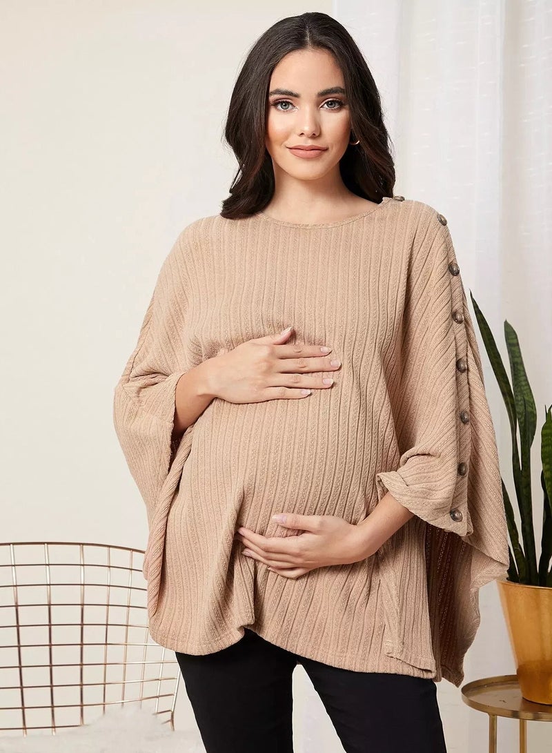 Maternity Button Detail Rib-knit Cape Coat - Image 5
