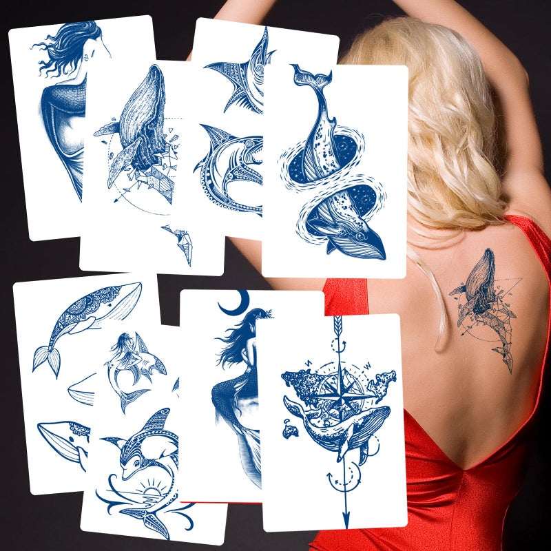 Kotbs 8 Sheets SemiPermanent Whale Shark Tattoos  Long Lasting 12 Week Premium Fake Tattoos  PlantBased Waterproof Realistic Body Art Tattoo Stickers for Adults Men Women Girls Kids