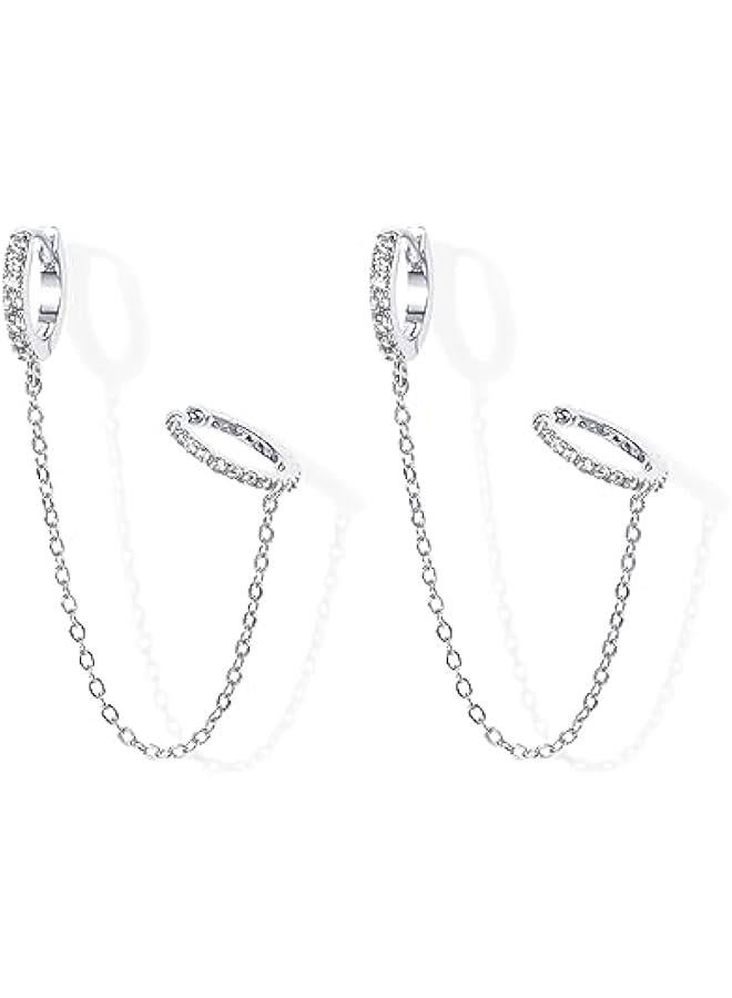 PAVOI 14K Gold Chain Earrings for Women | Double Piercing Dangle Chain Huggie Hoop Earrings | Cubic Zirconia Pearl Stud Ear Cuff Earrings for Women  - Image 1