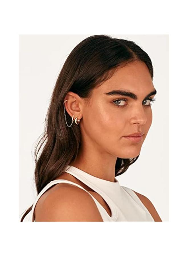 PAVOI 14K Gold Chain Earrings for Women | Double Piercing Dangle Chain Huggie Hoop Earrings | Cubic Zirconia Pearl Stud Ear Cuff Earrings for Women  - Image 2