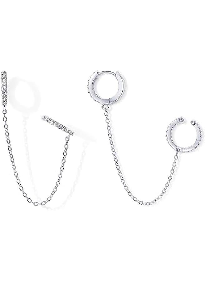 PAVOI 14K Gold Chain Earrings for Women | Double Piercing Dangle Chain Huggie Hoop Earrings | Cubic Zirconia Pearl Stud Ear Cuff Earrings for Women  - Image 3
