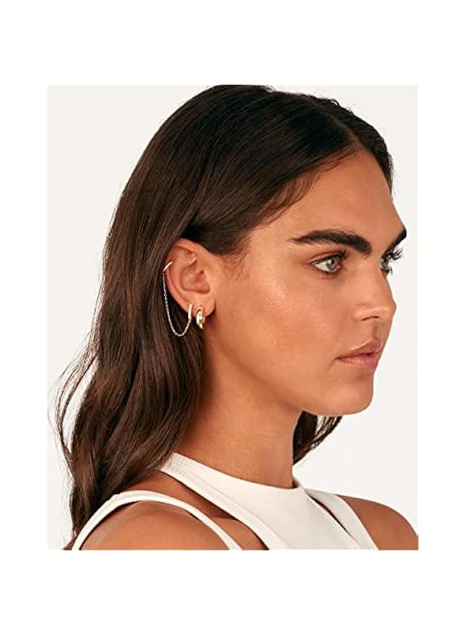 PAVOI 14K Gold Chain Earrings for Women | Double Piercing Dangle Chain Huggie Hoop Earrings | Cubic Zirconia Pearl Stud Ear Cuff Earrings for Women  - Image 4