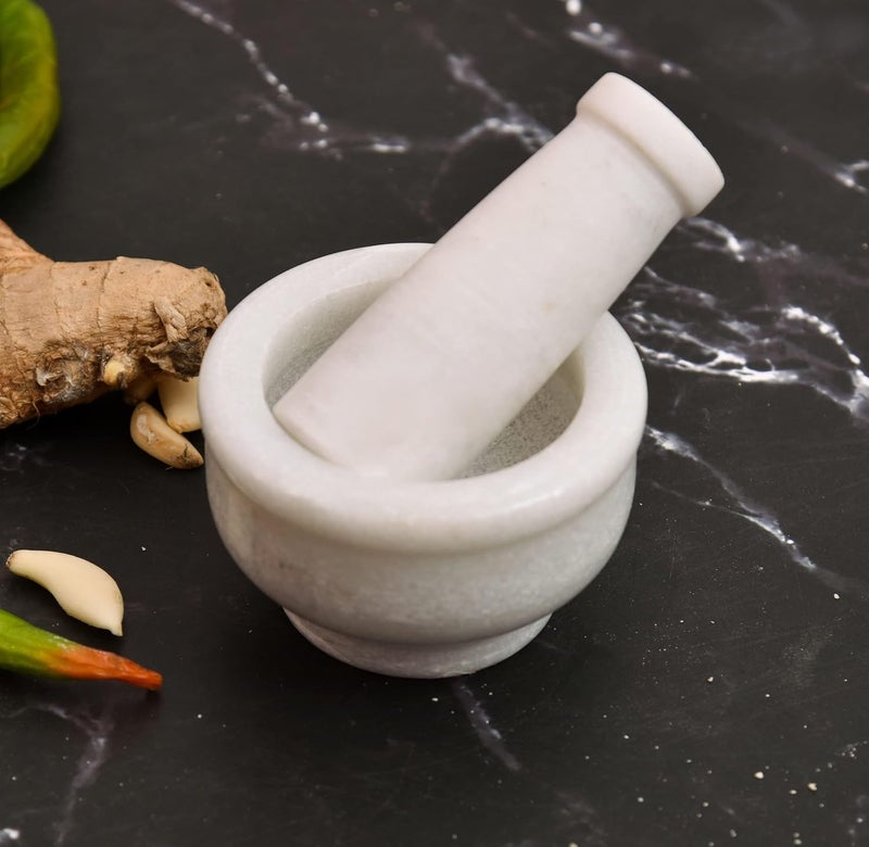 OGGN White Marble Mortar Pestle Set Imam Dasta Natural Stone Okhli Spice Mixer Kharal Kitchen Khalbatta Masher Ginger Garlic Crusher Masala Kutni for Kitchen 3 X 2 Inch - Image 1