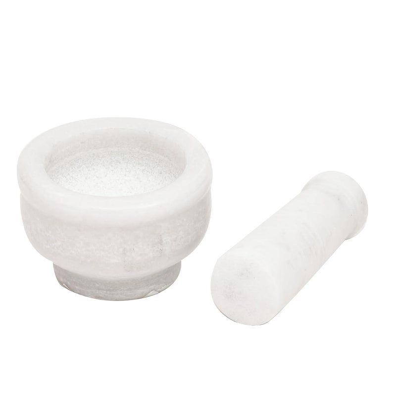 OGGN White Marble Mortar Pestle Set Imam Dasta Natural Stone Okhli Spice Mixer Kharal Kitchen Khalbatta Masher Ginger Garlic Crusher Masala Kutni for Kitchen 3 X 2 Inch - Image 4