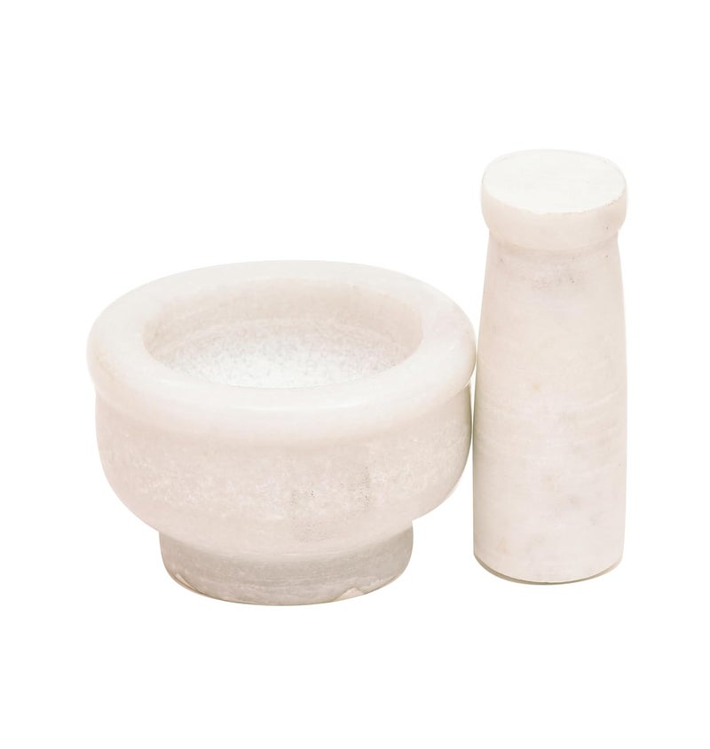 OGGN White Marble Mortar Pestle Set Imam Dasta Natural Stone Okhli Spice Mixer Kharal Kitchen Khalbatta Masher Ginger Garlic Crusher Masala Kutni for Kitchen 3 X 2 Inch - Image 5