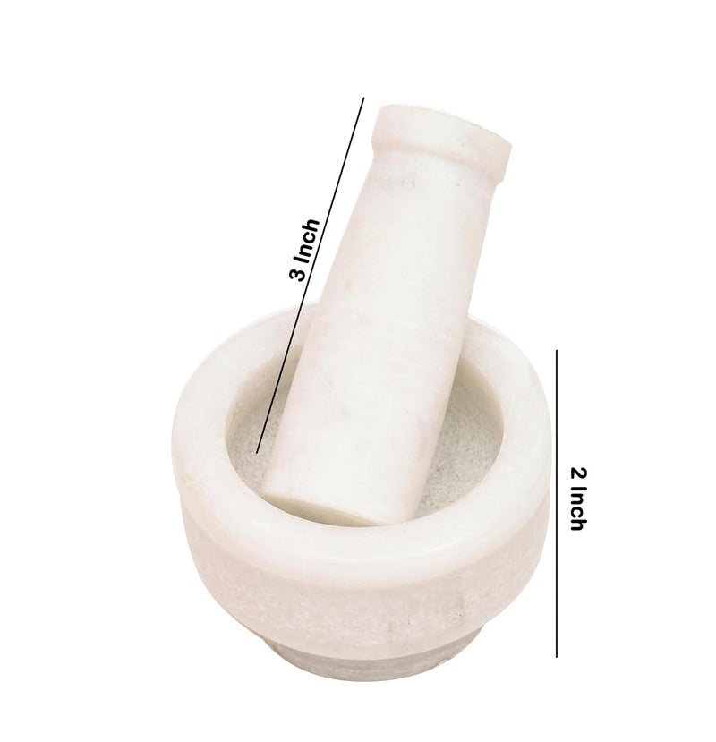 OGGN White Marble Mortar Pestle Set Imam Dasta Natural Stone Okhli Spice Mixer Kharal Kitchen Khalbatta Masher Ginger Garlic Crusher Masala Kutni for Kitchen 3 X 2 Inch - Image 2
